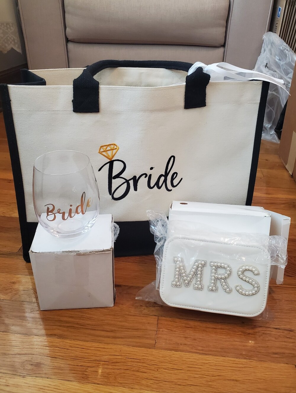 Bride Tote Bag, Mrs Jewelry Box & Bride Wine Glass
